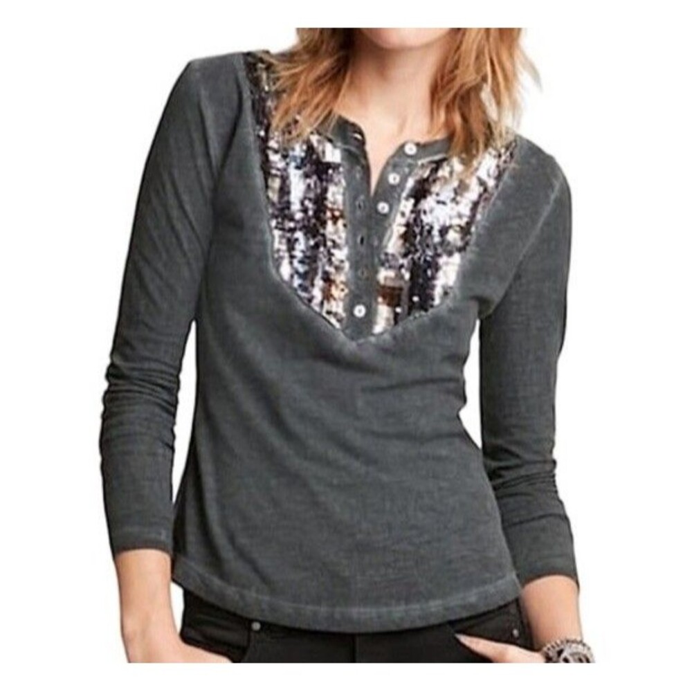 Free People Long Sleeve Sequined Gold Gray Cotton Henley‎ Tee-shirt, Size Small
